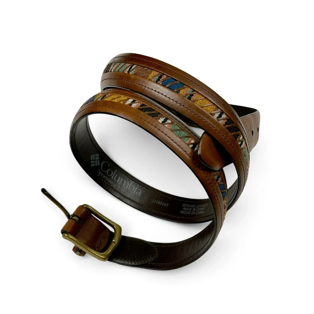 Columbia Brown Leather Belt Aztec Woven Tapestry Brass Buckle 44 L Gorpcore
